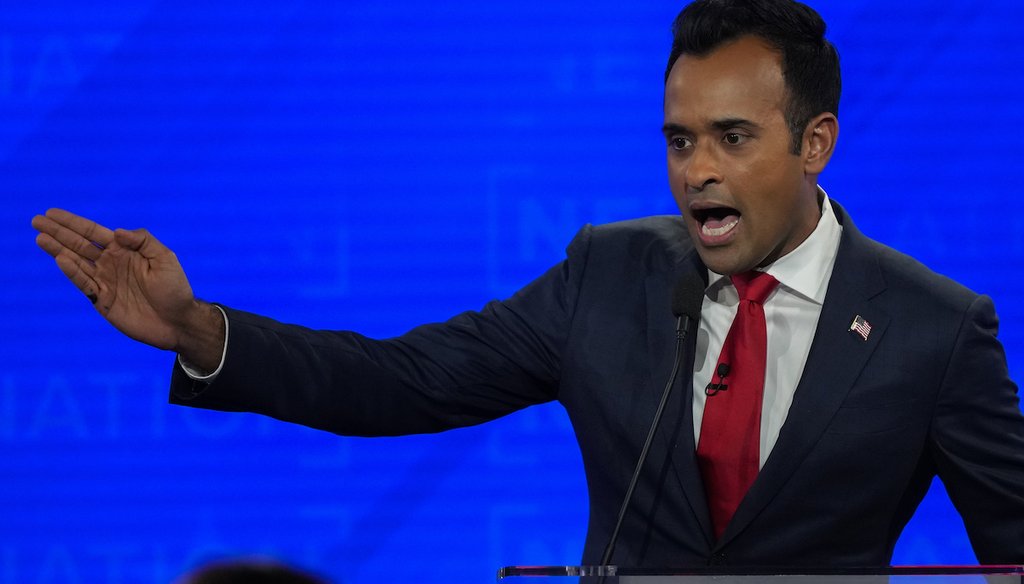 Republican presidential candidate businessman Vivek Ramaswamy speaks during a Republican presidential primary debate hosted by NewsNation on Dec. 6, 2023, at the Moody Music Hall at the University of Alabama in Tuscaloosa, Ala. (AP)