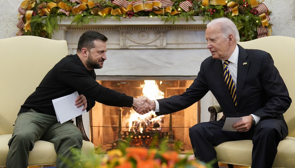 President Joe Biden shakes hands with Ukrainian President Volodymyr Zelenskyy as they meet in the Oval Office on Dec. 12, 2023. (AP)