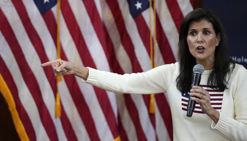 Republican presidential candidate former UN Ambassador Nikki Haley speaks during a campaign event at the Monadnock Center for History & Culture, Jan. 20, 2024, in Peterborough, N.H. (AP)