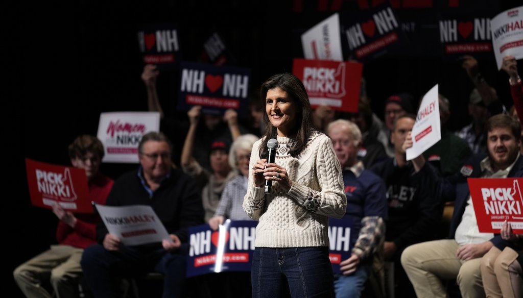 Republican presidential candidate former UN Ambassador Nikki Haley speaks during a campaign event at Exeter High School in Exeter, N.H., Jan. 21, 2024. (AP)