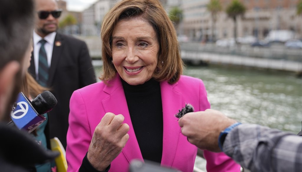 Former House Speaker Nancy Pelosi, D-Calif., talks with reporters after a news conference to address sea level rise in San Francisco on Jan. 26, 2024. (AP)