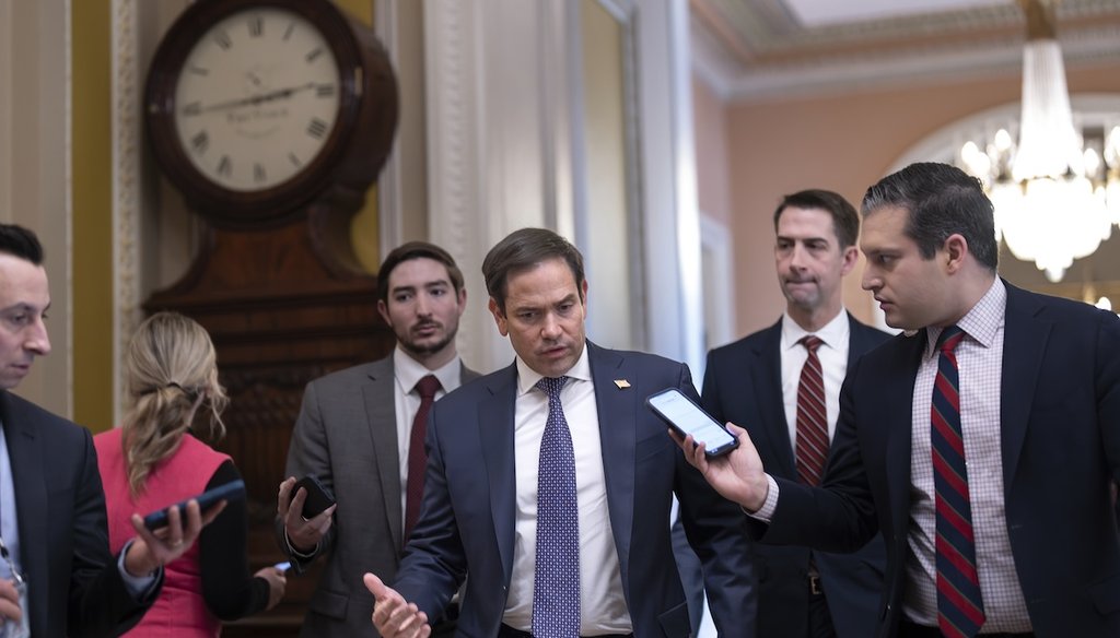 Sen. Marco Rubio, R-Fla., speaks with reporters as he heads to the chamber during a test vote to begin debate on a border security bill, at the Capitol in Washington, Feb. 7, 2024. (AP)