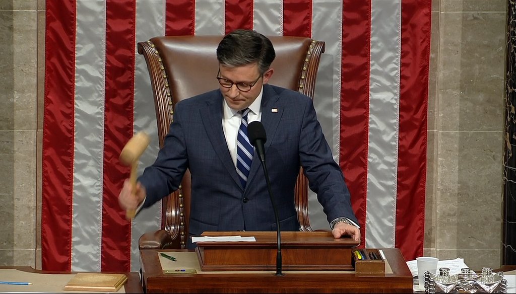 House Speaker Mike Johnson of La., banging the gavel in the House chamber on Feb. 13, 2024. (Associated Press)