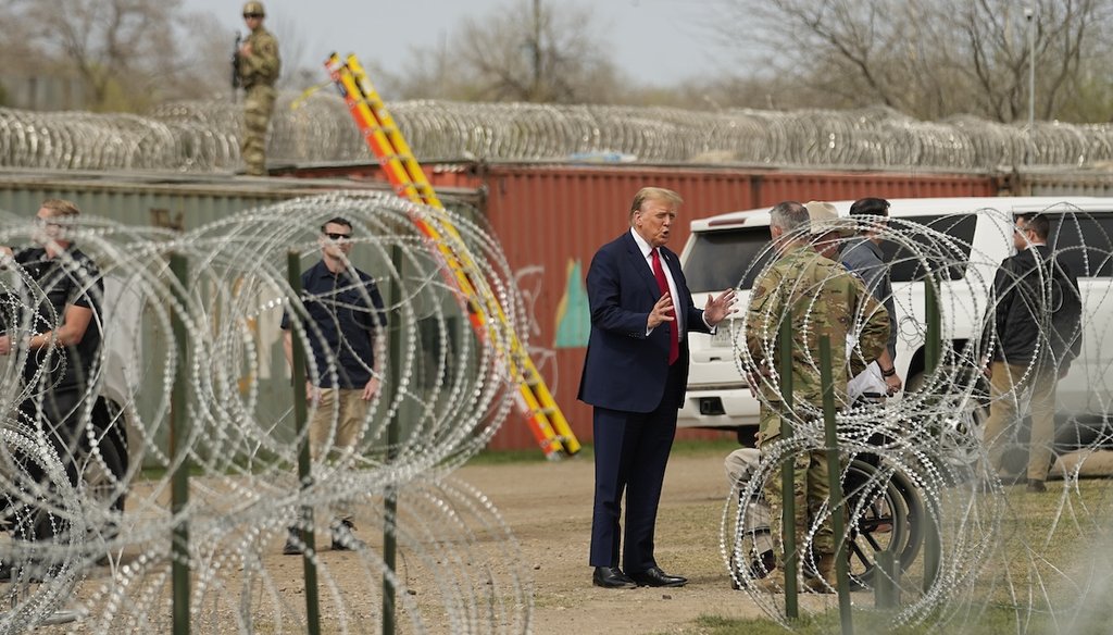 Republican presidential candidate former President Donald Trump talks with Maj. Gen. Thomas Suelzer, Adjutant General for the State of Texas, at Shelby Park during a visit to the U.S.-Mexico border, Feb. 29, 2024, in Eagle Pass, Texas. (AP)
