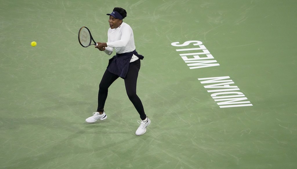 Venus Williams hits a return to Nao Hibino, of Japan, at the BNP Paribas Open tennis tournament March 6, 2024, in Indian Wells, Calif. (AP)
