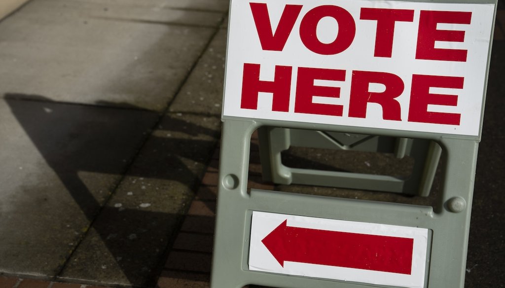 A "Vote Here" sign is displayed March 12, 2024, outside the Clark County Elections Office in Vancouver, Wash. (AP)