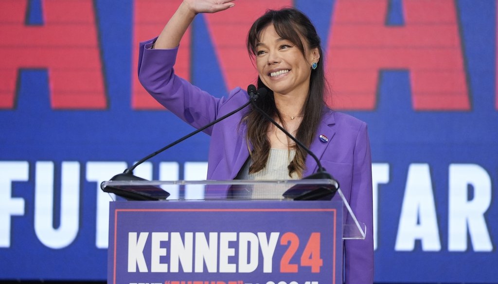 Nicole Shanahan waves after being named the running mate for independent presidential candidate Robert F. Kennedy Jr. on March 26, 2024, in Oakland, Calif. (AP)