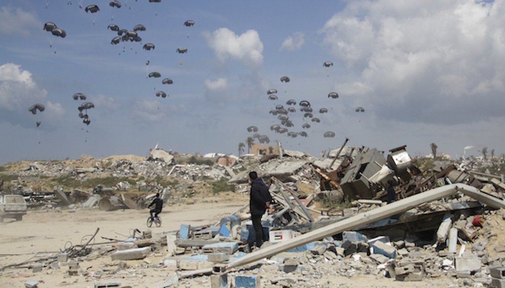 Humanitarian aid is airdropped to Palestinians over Gaza City, Gaza Strip on March 25, 2024. (AP)