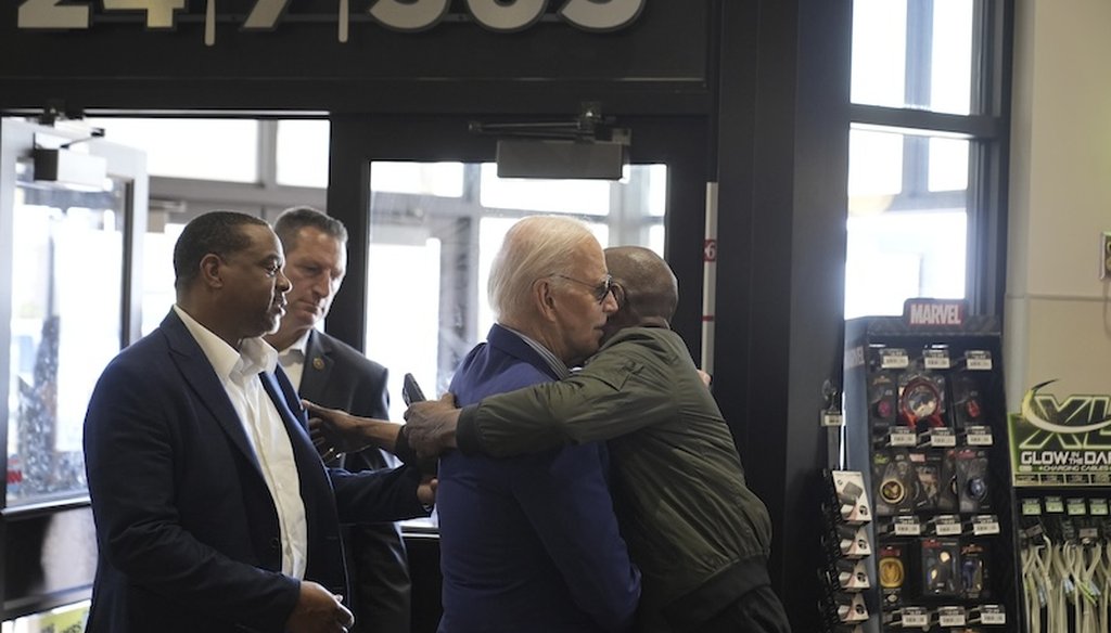 President Joe Biden is greeted April 17, 2024, after walking into a Sheetz after stopping en route to Pittsburgh International Airport. (AP)