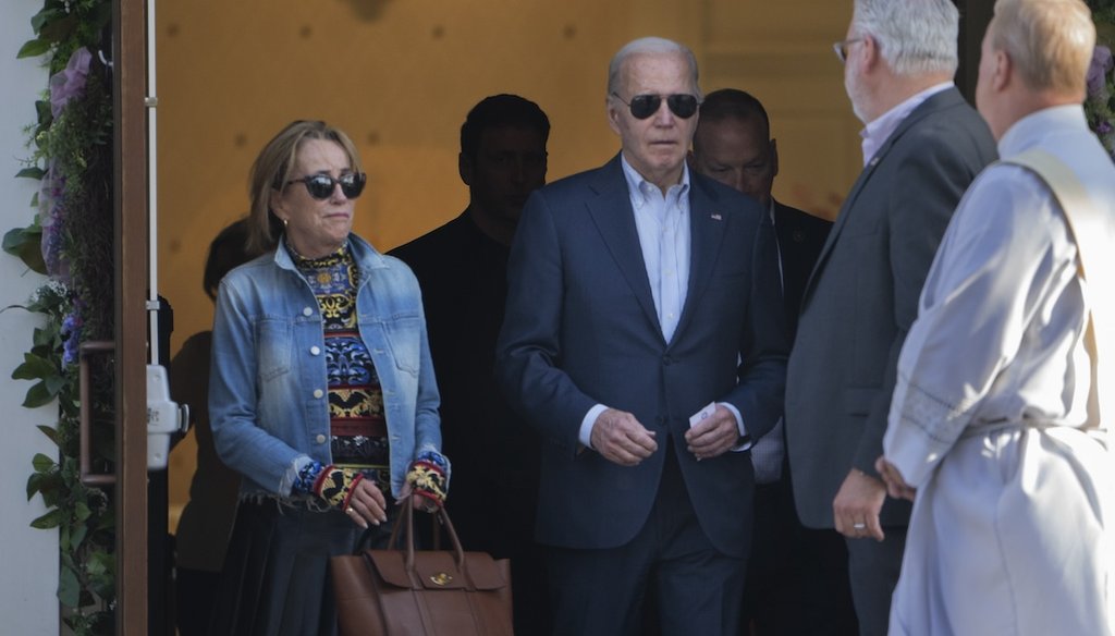 President Joe Biden, center, and his sister Valerie Biden Owens, left, walk out of St. Joseph on the Brandywine Catholic Church in Wilmington, Delaware, after attending a mass, Saturday, April 20, 2024. (AP)