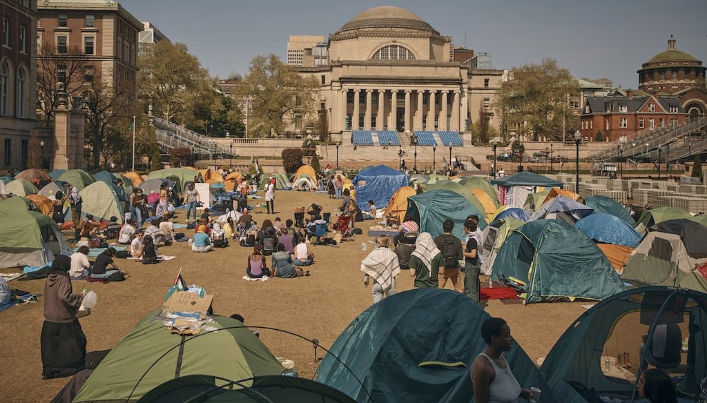People listen to a speaker at a pro-Palestinian encampment at Columbia University on April 28, 2024. (AP)