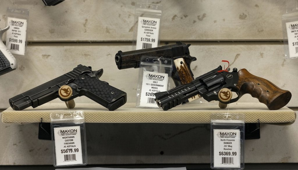 Guns for sale at Maxon Shooter's Supplies in Des Plaines, Ill., on June 25, 2024. (AP)