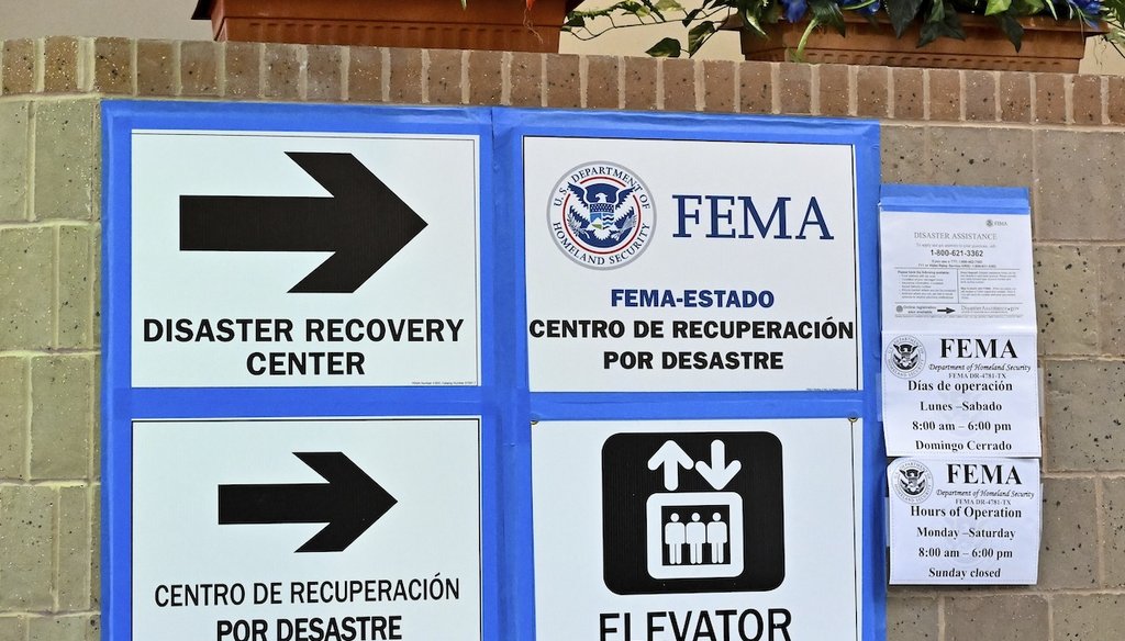 FEMA signs are displayed in the Acres Homes Community Center cooling station in Houston, Wednesday, July 10, 2024, after Hurricane Beryl slammed into Texas, knocking out power to millions of homes and businesses. (AP)