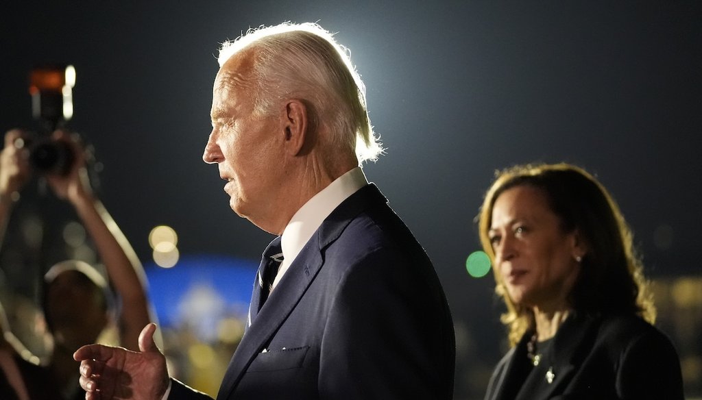 President Joe Biden speaks as Vice President Kamala Harris listens at Andrews Air Force Base, Md., on Aug. 1, 2024. (AP)