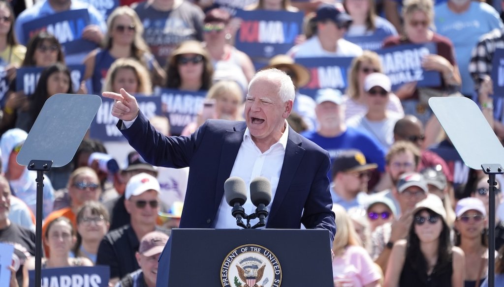 Democratic vice presidential nominee Minnesota Gov. Tim Walz delivers remarks before Democratic presidential nominee Vice President Kamala Harris, at a campaign event, Aug. 7, 2024, in Eau Claire, Wisc. (AP)