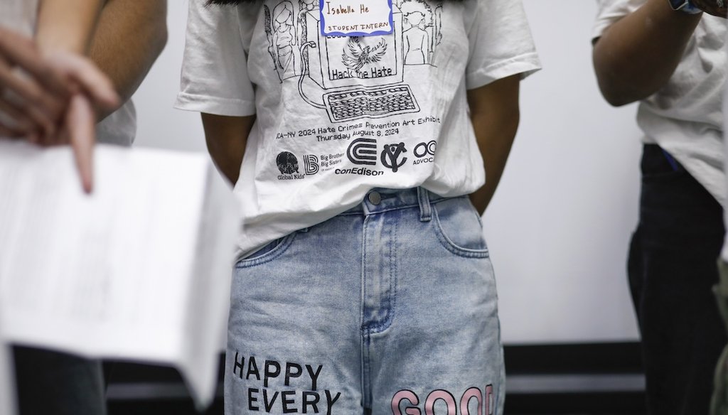Students attend the opening the Hate Crimes Prevention Youth Art Contest Exhibition, “Code the Future, Hack the Hate,” made by young New York City artists during the summer of 2024. (AP)