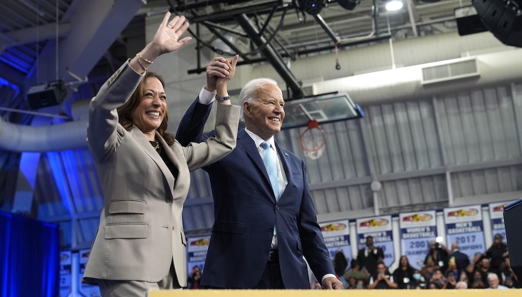 President Joe Biden and Democratic presidential nominee Vice President Kamala Harris speak about the administration's efforts to lower prescription drug costs, in Largo, Md., on Aug. 15, 2024. (AP)