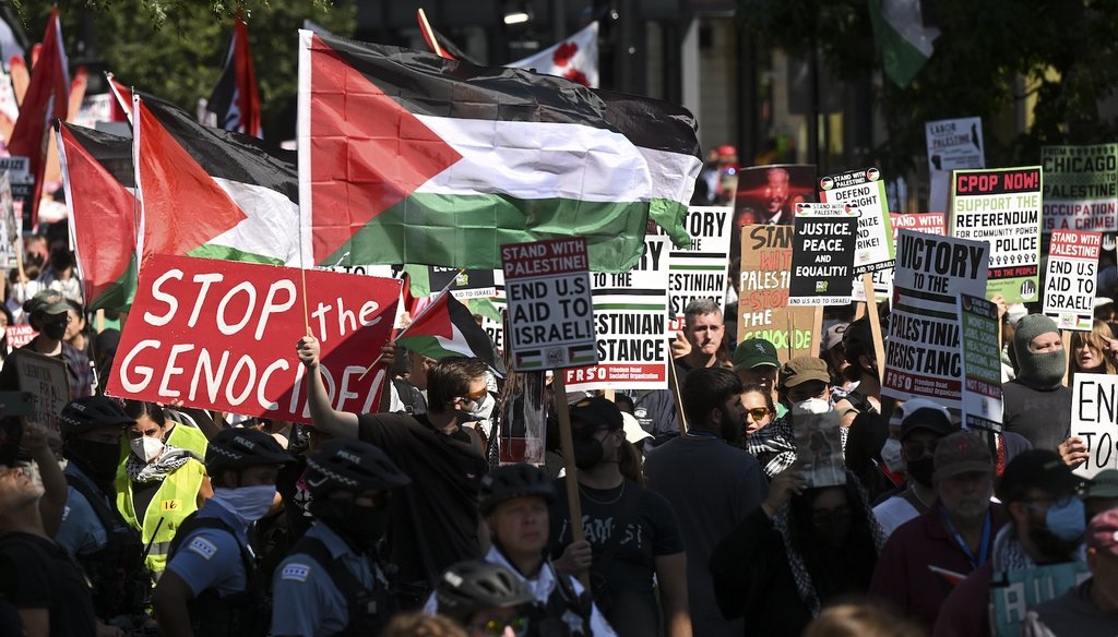 Protesters march to the Democratic National Convention after a rally at Union Park Aug. 19, 2024, in Chicago. (AP)