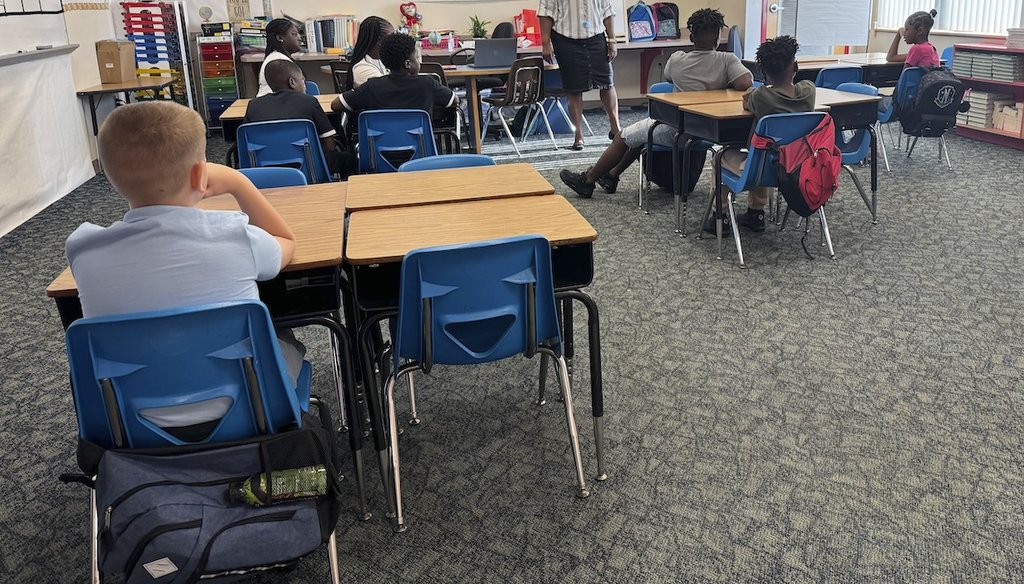 Mannika Hopkins talks with her fourth graders on the first day of school at Greenville Elementary in Greenville, Fla. on Aug. 14, 2024. (AP)