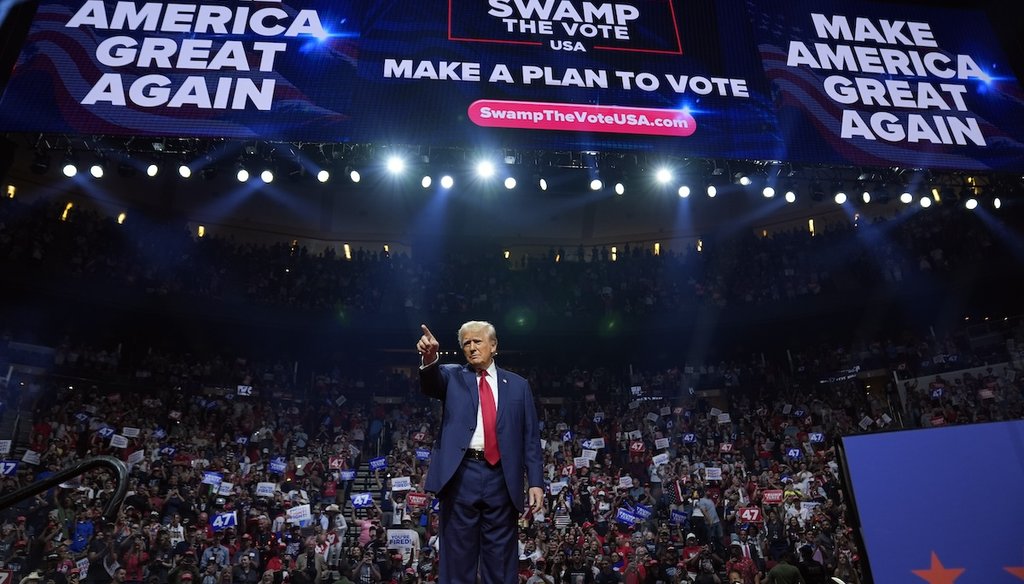 Former President Donald Trump points to supporters Aug. 23, 2024, at a campaign rally in Glendale, Ariz. (AP)