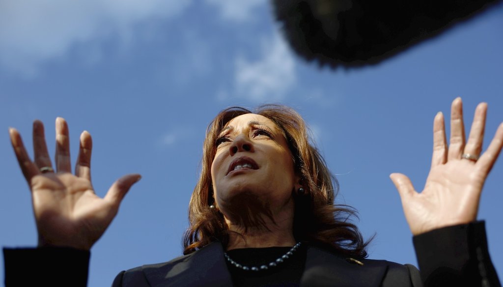 Vice President Kamala Harris speaks to reporters before boarding Air Force Two on Oct. 7, 2024. (AP)