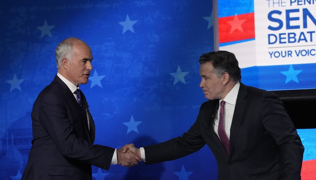 Pennsylvania Senate candidates Sen. Bob Casey, D-Pa., left, and Republican David McCormick shake hands after a debate at the WPVI-TV studio, Oct. 15, 2024, in Philadelphia. (AP)