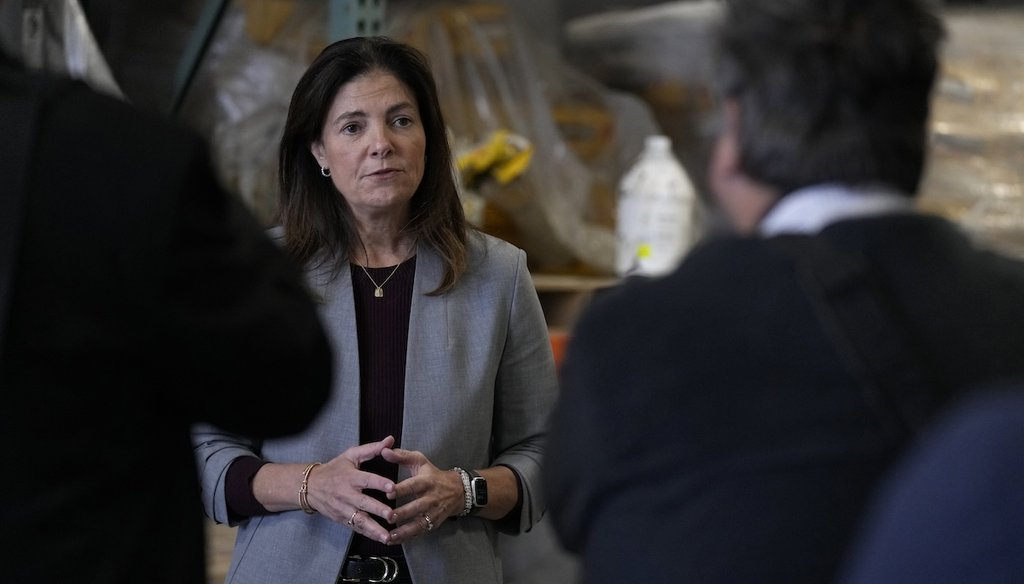 New Hampshire Republican gubernatorial candidate Kelly Ayotte visits a concrete coating business on Oct. 16, 2024, in Manchester, N.H. (AP)