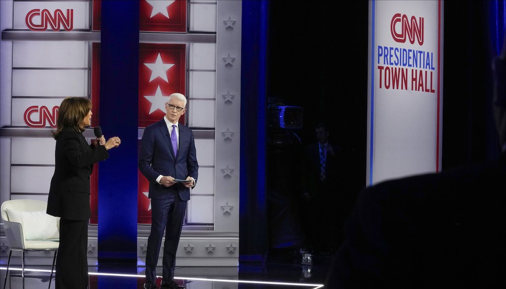 Vice President Kamala Harris, the Democratic presidential nominee, speaks Oct. 23, 2024, during a CNN town hall in Aston, Pa., as moderator Anderson Cooper listens. (AP)