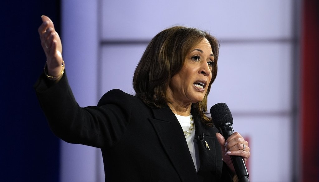 Vice President Kamala Harris speaks during a CNN town hall in Aston, Pa., on Oct. 23, 2024, as moderator Anderson Cooper listens. (AP)