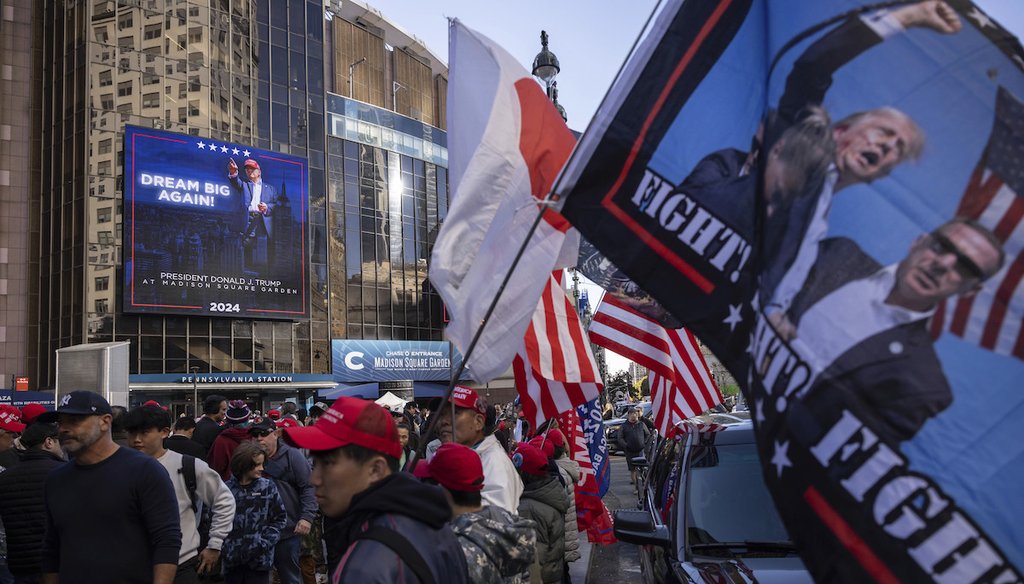 Supporters of Republican presidential nominee former President Donald Trump gather for his campaign rally outside Madison Square Garden, Sunday, Oct. 27, 2024, in New York. (AP)