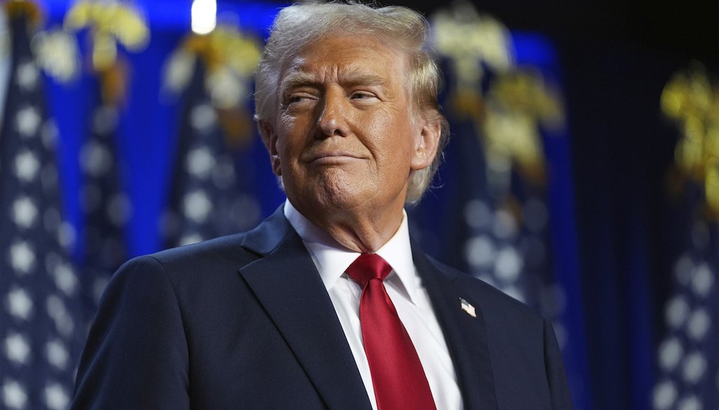 Republican presidential nominee former President Donald Trump arrives at an election night watch party at the Palm Beach Convention Center, Wednesday, Nov. 6, 2024, in West Palm Beach, Fla. (AP)