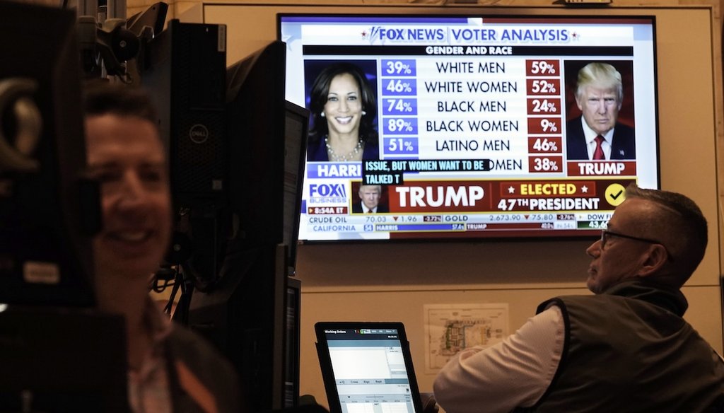 A television screen on the floor of the New York Stock Exchange displays coverage of the presidential election on Nov. 6, 2024. (AP)