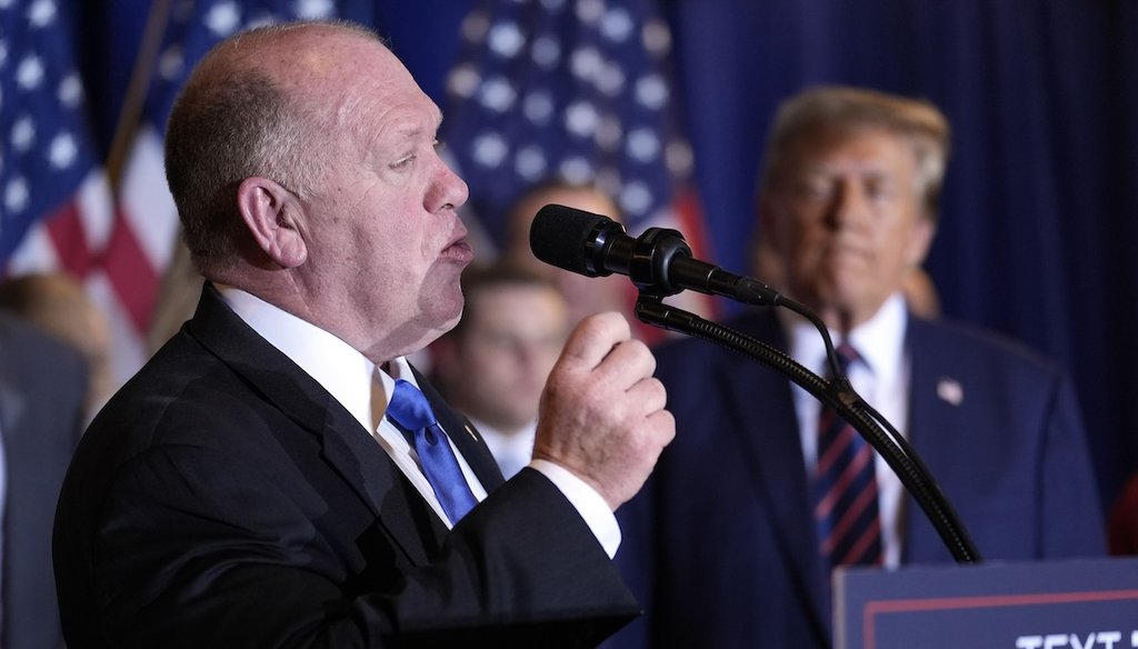 Tom Homan speaks as Republican presidential candidate former President Donald Trump listens at a primary election night party in Nashua, N.H., Jan. 23, 2024. (AP)