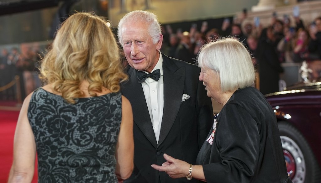 Britain's King Charles III, centre, arrives at the premiere of the film 'Gladiator II' on Wednesday, Nov. 13, 2024, in London. (AP)