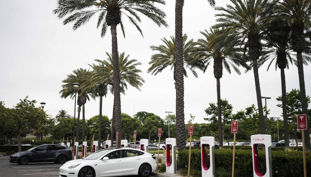 Tesla electric vehicles are charged at a station in Anaheim, Calif., in 2023. (AP)
