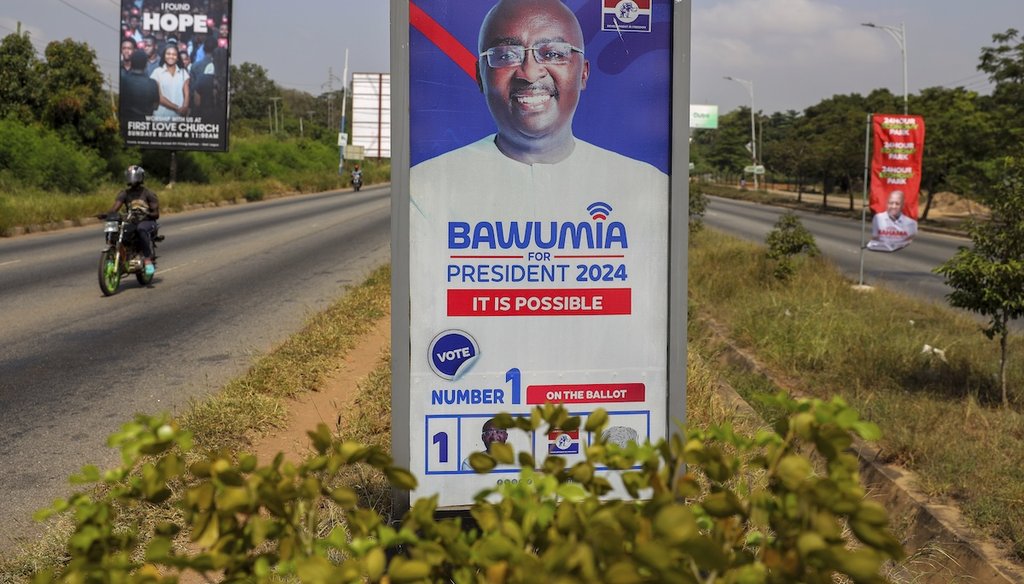 A view of a billboard of presidential candidate and Vice President Mahamudu Bawumia on a street, in Accra, Ghana, Wednesday, Dec. 4, 2024, ahead of the presidential election. (AP)