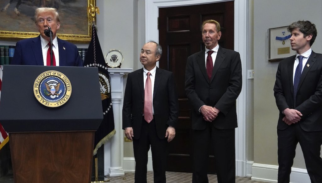 President Donald Trump speaks as Masayoshi Son of SoftBank Group, Larry Ellison of Oracle and Sam Altman of OpenAI listen in the White House's Roosevelt Room on Jan. 21, 2025. (AP)