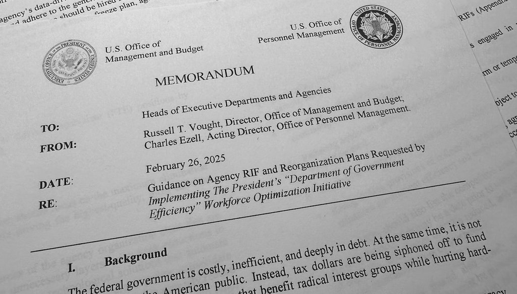 A memorandum from Office of Management and Budget director Russell Vought regarding a reduction in force for federal agencies on Feb. 26, 2025. (AP)