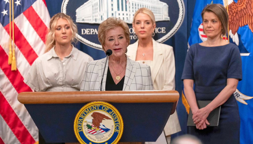 Education Secretary Linda McMahon, Riley Gaines, Attorney General Pam Bondi, and Rep. Laurel Libby R-Maine, announce enforcement actions against the state of Maine for violating Title IX, April 16, 2025. (AP)
