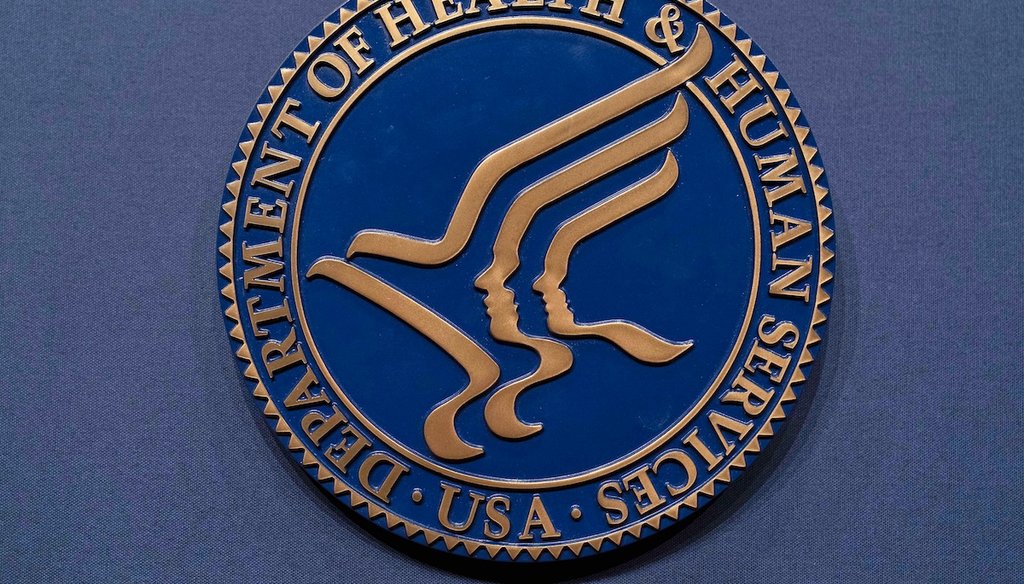 The Health and Human Services seal is seen before the April 16, 2025, news conference of Secretary Robert F. Kennedy Jr. at the Hubert Humphrey Building Auditorium in Washington. (AP)