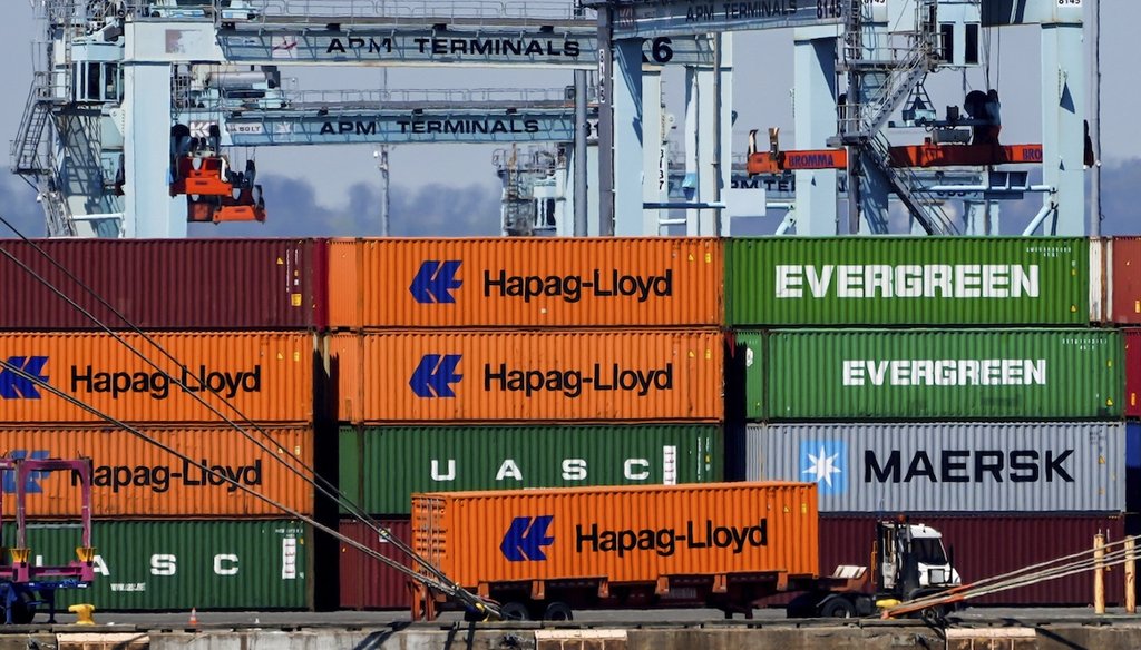 A truck moves a shipping container at the Port Newark Container Terminal on April 18, 2025, in Newark, N.J. (AP)