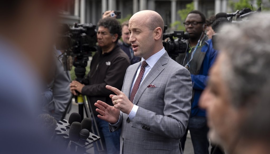 White House Deputy Chief of Staff Stephen Miller speaks to reporters outside the White House, May 9, 2025, in Washington. (AP)