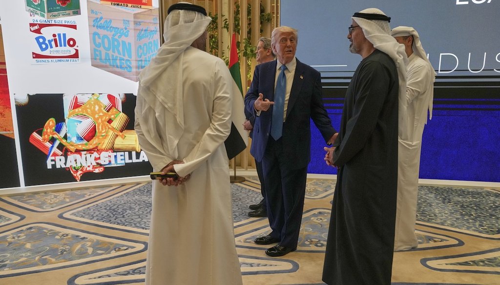 President Donald Trump talks to Crown Prince of Abu Dhabi Sheikh Khaled Bin Mohamed Bin Zayed Al Nahyan, second from right, at a business meeting in Abu Dhabi, United Arab Emirates, on May 16, 2025.(AP)