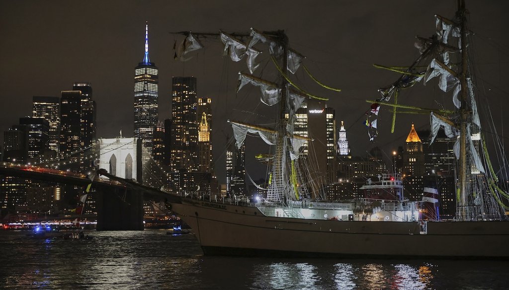 A masted Mexican Navy training ship, the Cuauhtémoc, sits stranded after colliding with the Brooklyn Bridge, May 17, 2025, in New York. (AP)
