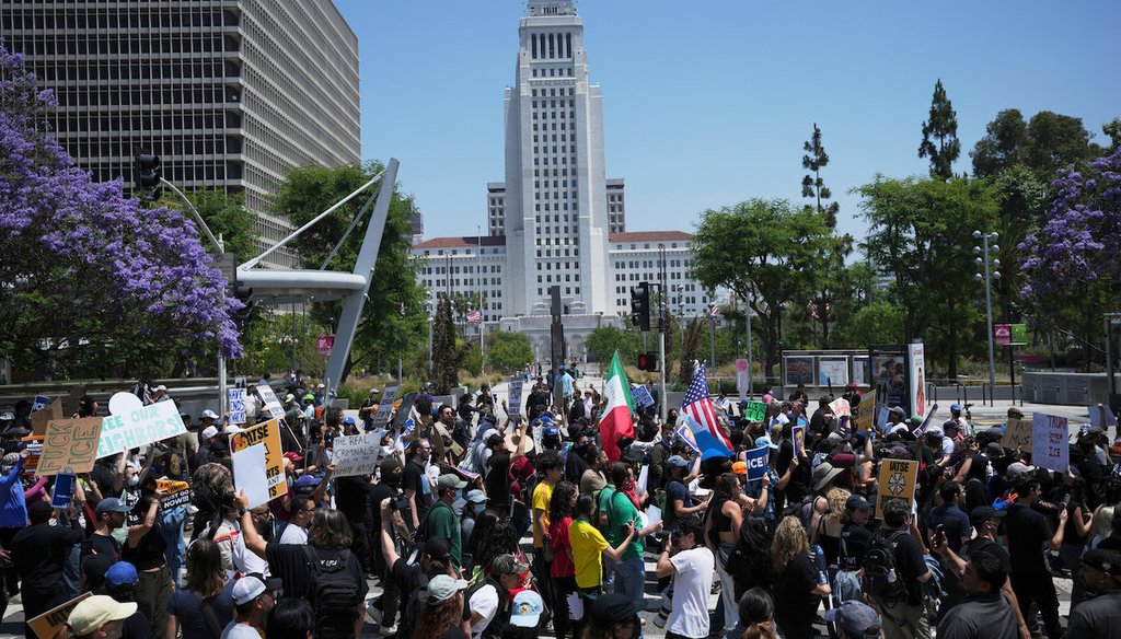 Protesters gather outside City Hall, June 9, 2025, in downtown Los Angeles. (AP)
