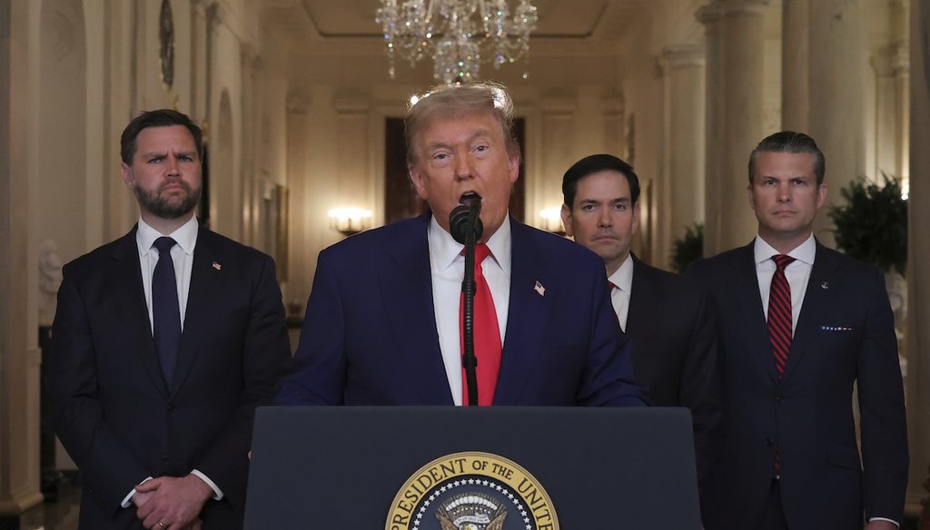 President Donald Trump speaks from the White House on June 21, 2025, after the U.S. military struck three Iranian nuclear and military sites, as Vice President JD Vance, Secretary of State Marco Rubio and Defense Secretary Pete Hegseth listen. (AP)