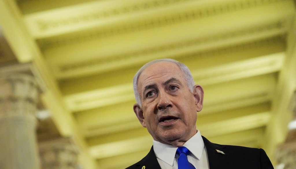 Israeli Prime Minister Benjamin Netanyahu speaks to reporters July 8, 2025, at the U.S. Capitol following a meeting with House Speaker Mike Johnson, R-La., in Washington. (AP)