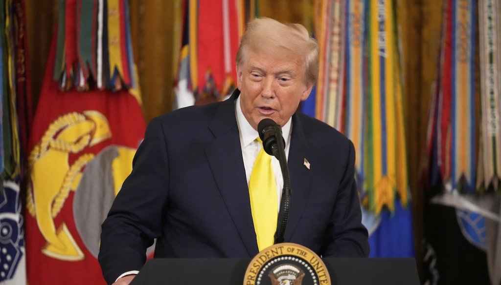 President Donald Trump speaks at an event to mark National Purple Heart Day in the East Room of the White House, Aug. 7, 2025, in Washington. (AP)