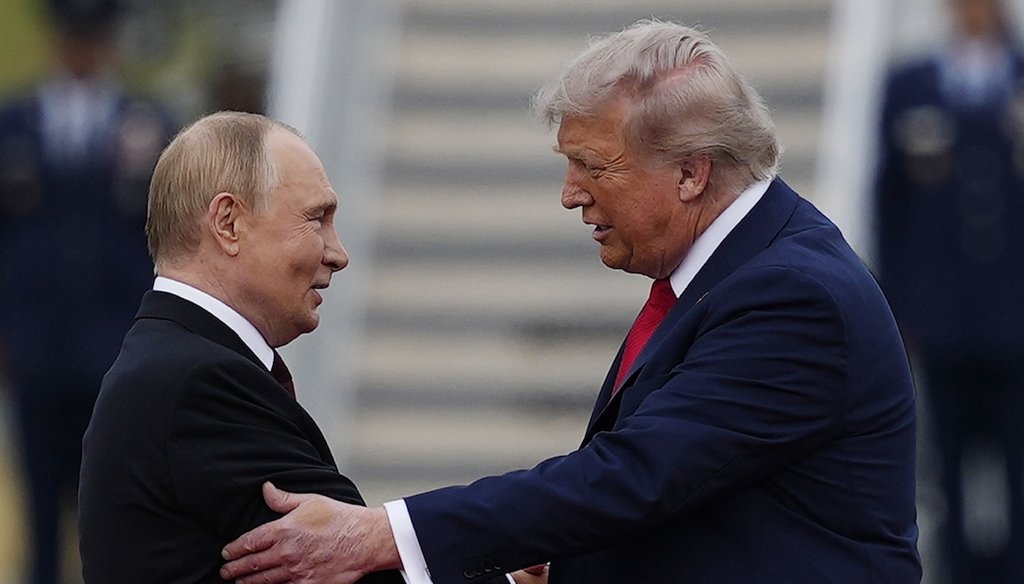 President Donald Trump greets Russia's President Vladimir Putin Friday, Aug. 15, 2025, at Joint Base Elmendorf-Richardson, Alaska. (AP)