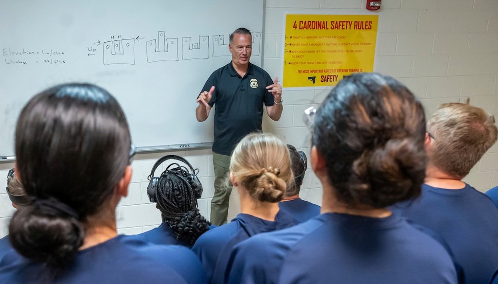 Todd Lyons, acting director of U.S. Immigration and Customs Enforcement speaks to a group of trainees after they completed their time on the firing range at the Federal Law Enforcement Training Centers in Brunswick, Ga., Aug. 21, 2025. (AP)